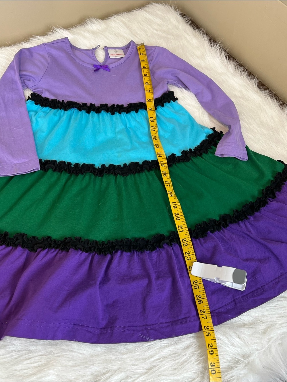Hanna Andersson Girls Colorblock Ruffle Long Sleeve Dress - Purple, Teal, Green - Picture 10 of 12